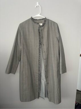 Women's Grey Pinstripe Fringe-Trim Long Trench Coat